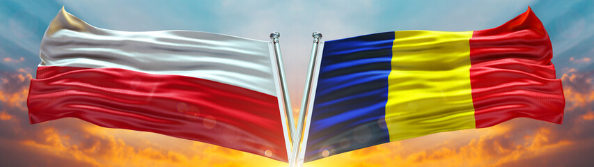 Poland Flag and Romania flag waving with texture sky Cloud and sunset Double flag  