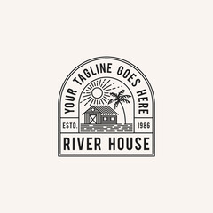 river house logo stamp, illustration vector graphic of abstract mark, flat, badge, emblem, simple, minimalist, modern, line art style, designs template.