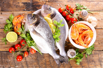 seafood- fresh fish with dorado, shrimp and ingredients