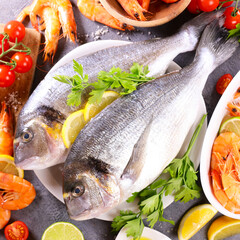 seafood- fresh fish with dorado, shrimp and ingredients