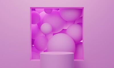 Pink 3d mock up podium with a square window full of flying spheres or balls. Bright stylish contemporary Abstract Modern platform for product or cosmetics presentation.