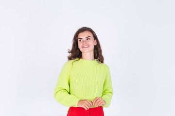 Young beautiful woman with freckles light makeup on white background happy cute sweet smiling