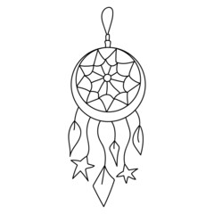 Black outline dream catcher in modern boho style. Vector magic illustrations. Hand drawn mystical line art isolated on white background.