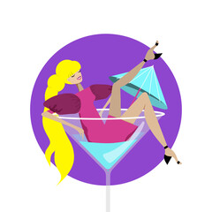 Сute girl sit on high cocktail glass. vector illustration.