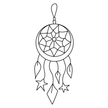 Black outline dream catcher in modern boho style. Vector magic illustrations. Hand drawn mystical line art isolated on white background.