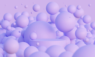 Light lavender 3d mock up podium with flying spheres or balls in purple. Bright stylish contemporary Abstract Modern platform for product or cosmetics presentation. Render scene with geometric shapes.