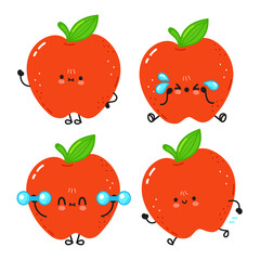 Funny cute happy red apple characters bundle set. Vector kawaii line cartoon style illustration. Cute planet apple mascot character collection