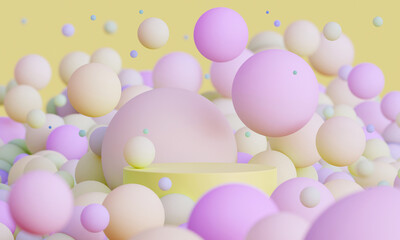 Fototapeta na wymiar 3d mock up podium with flying spheres or balls in yellow and pink. Bright stylish contemporary Abstract Modern platform for product or cosmetics presentation. Render scene with geometric shapes.