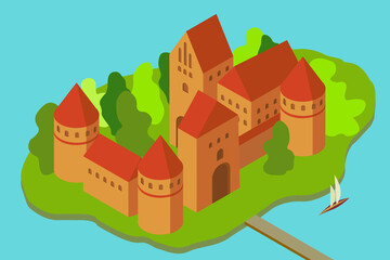 Isometric medieval castle. Middle ages European castle. History, tourism, game concept