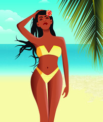 Digital illustration of a girl with long hair in a beautiful bikini and a flower in her hair sunbathes on vacation in the summer on the beach surrounded by palm trees