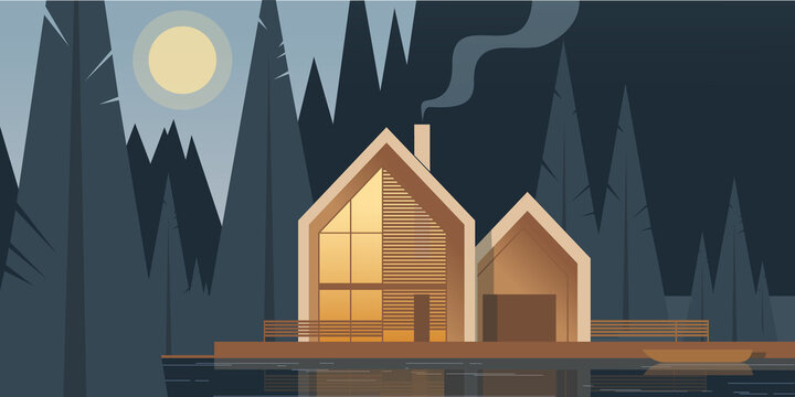 Cabin in a woods. Night Pond and a Boat. Contemporary residential architecture, abstract flat vector illustration. Background mockup for landing page, banner or postcard design.