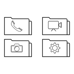 Four folders sign. Folder with a handset, a camera illustration
