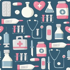 Pattern of medical tools objects on a dark background.