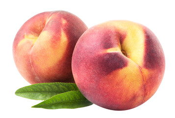 Two ripe peaches with green leaves on a white background. isolated