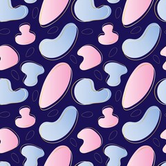 Seamless pattern with abstract shape spots. Liquid form elements. Modern graphic elements. Gradient and gold frame. Vector illustration on a dark background
