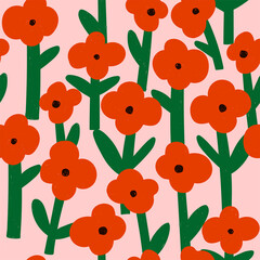 Modern pattern with simple red flowers. Cute  naive print for textile, dresses, wallpaper and ect.