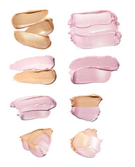Gently pink and tender gold strokes of acrylic paint or makeup base isolated on white background.