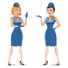 beautiful cartoon stewardesses in uniform calling to fly