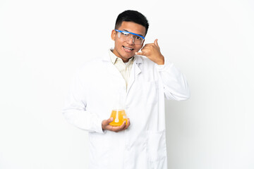 Young Ecuadorian scientific man making phone gesture. Call me back sign