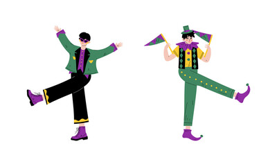 Man in Bright Costume for Circus Show or Entertaining Performance Vector Set