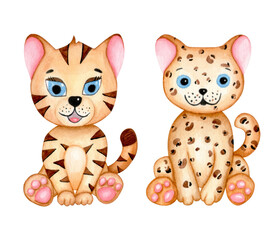 Set of little cute tiger and leopard. Hand drawn watercolor isolated on white background