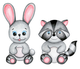 Set of little cute raccoon and rabbit. Hand drawn watercolor isolated on white background