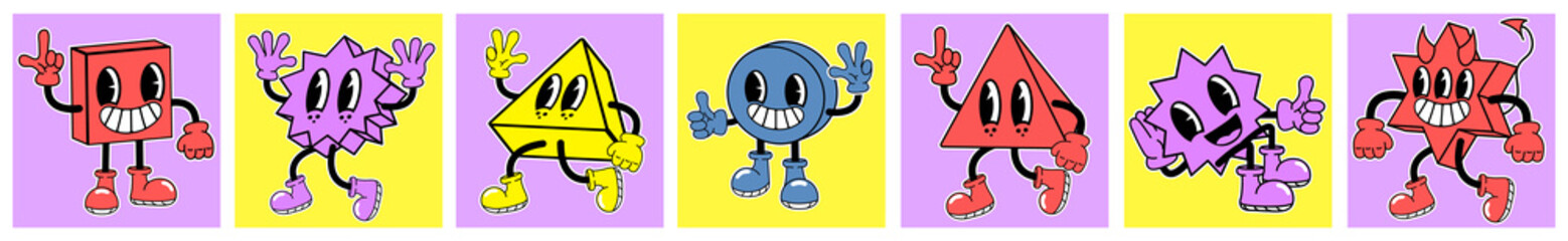 Cute abstract comic characters. Cartoon style, Geometric shapes, Set of multicolored vector illustrations, In square posters, All elements are isolated © BonkiStudio