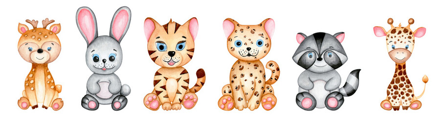 Set of little cute tiger, leopard, raccoon, rabbit, giraffe and deer. Hand drawn watercolor isolated on white background
