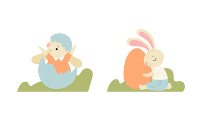 Cute Easter Bunny with Long Ears Hatching from Egg and Embracing It Vector Set