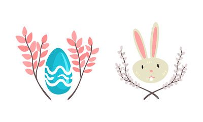 Funny Easter Bunny Head with Long Ears and Grey Coat with Decorated Egg and Floral Branch Vector Set