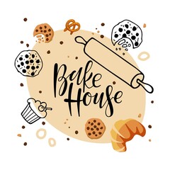 Bake House Calligraphy logo Shop. Hand written brush Lettering and pastries sketch and flat for bread house, loaf store, food market, cafe, restauran, culinary school emblem. Home kitchen concept.