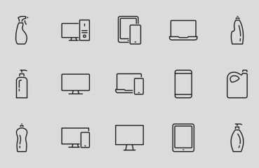 The set of icons for gadgets of electronic devices and communications contains Icons for Computer, Tablet, Phone, TV, Monitor, Laptop. Editable stroke. Vector thin icons