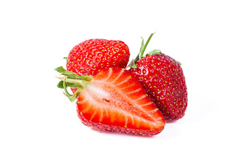 Strawberry isolated. Strawberries isolate. Whole, half, cut strawberry on white. Strawberries isolate. Side view organic strawberries.