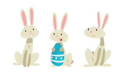 Funny Easter Bunny with Long Ears and Grey Coat with Decorated Egg Vector Set