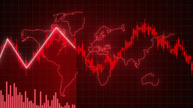 Motion of red green candle stick graph chart of stock market trading with animated world map background, Bullish Bearish stock point. Economy trends charts for business. Financial investment concept.