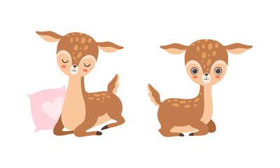 Cute Baby Deer with Spots as Adorable Hoofed Mammal Living in Forest Vector Set