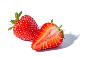 Strawberry isolated. Strawberries isolate. Whole, half, cut strawberry on white. Strawberries isolate. Side view organic strawberries.