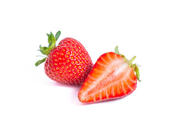 Strawberry isolated. Strawberries isolate. Whole, half, cut strawberry on white. Strawberries isolate. Side view organic strawberries.