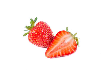Strawberry isolated. Strawberries isolate. Whole, half, cut strawberry on white. Strawberries isolate. Side view organic strawberries.