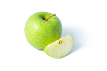 Fresh ripe green apple on a white background. Natural healthy food. Photos for juice and food packaging. Organic fruits
