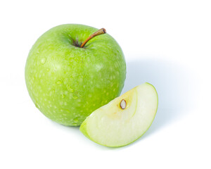 Fresh ripe green apple on a white background. Natural healthy food. Photos for juice and food packaging. Organic fruits