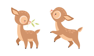 Cute Baby Deer with Spots as Adorable Hoofed Mammal Holding Branch and Standing on Hind Legs Vector Set