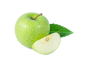 Fresh ripe green apple on a white background. Natural healthy food. Photos for juice and food packaging. Organic fruits
