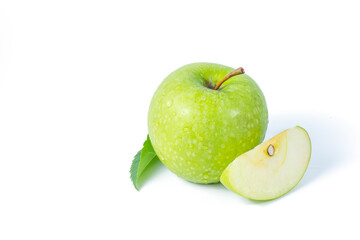 Fresh ripe green apple on a white background. Natural healthy food. Photos for juice and food packaging. Organic fruits
