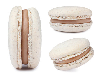 Set with delicious macarons on white background