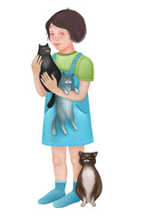 World cat day. Cute girl character with cats. Little girl smiles and hugs cats. Hand-drawn digital illustration. Love for cats.