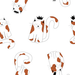 Cute seamless pattern of spotted cats sitting in crowns. Kittens print, cute pets. Cats with red, brown spots and black outline, baby pattern, children's print with smiling spotted kittens in crowns