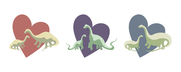 Simple set - two green dinosaurs with heart background, animal protection, animal love, dinosaur family. Concept of love for dinosaurs, parental love, can be used as sticker, vector cute illustration.