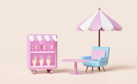 shop store with ice cream showcases or fridge,coffee table,pink umbrella isolated on cream color background,3d illustration or 3d render