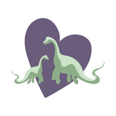 Two green dinosaurs with purple heart background, animal protection, animal love theme, dinosaur family. Concept of love for dinosaurs, parental love, can be used as logo, vector cute illustration